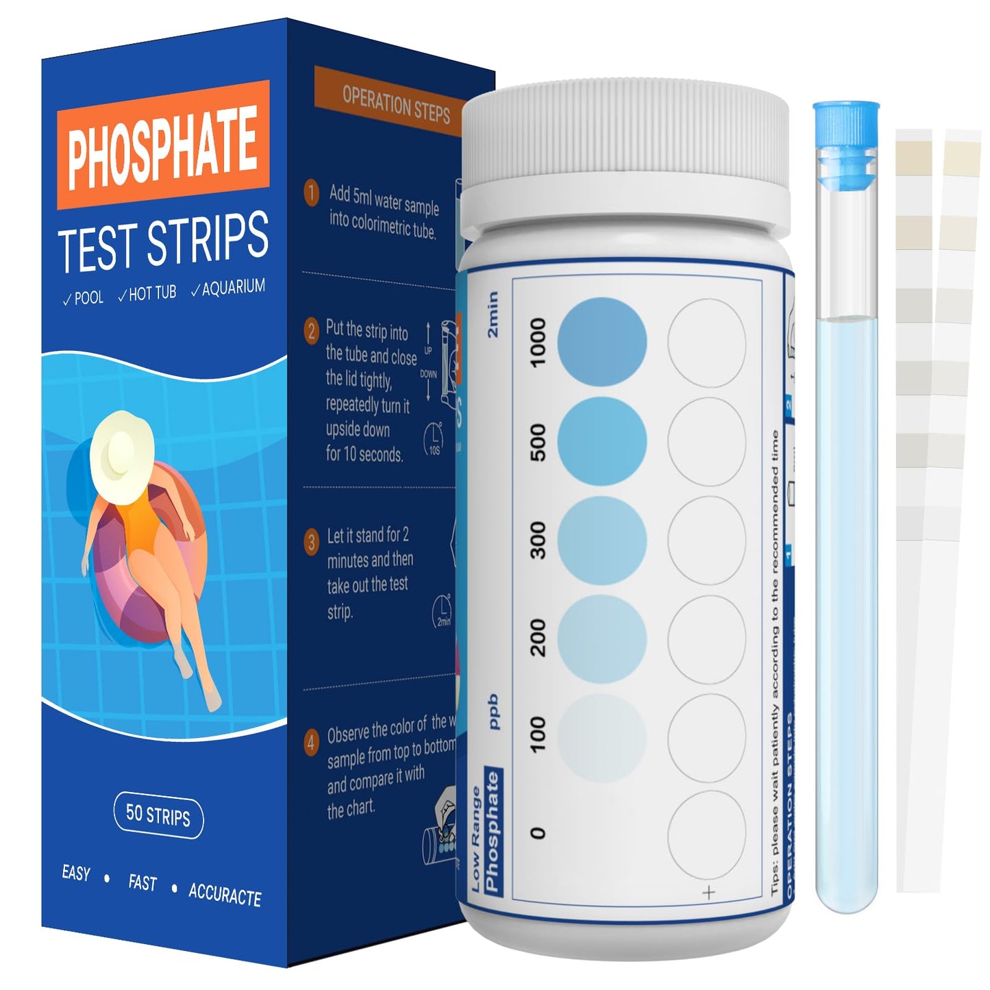 AKSBTEC Phosphate Test Kit - Pool Phosphate Test kit-50 Counts Phosphate Test Strips for Swimming Pool, Spa, Hot Tub,Aquarium,Fish Tank- Phosphate Test kit for Freshwater,Saltwater Testing
