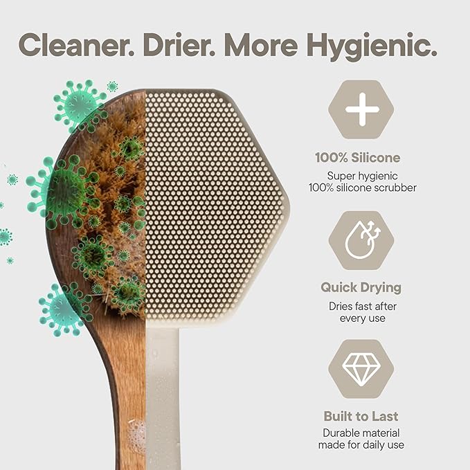 TOOLETRIES Silicone Back Scrubber for Shower, Exfoliating Body & Bath Brush, Long Ergonomic Handle, Non-Slip Grip for Hard-to-Reach Areas, Hygienic Silicone Bath Accessory for Men & Women - Sand