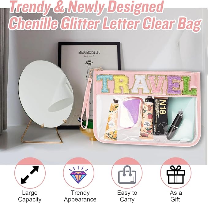 Chenille Letter Clear Travel Bags Purse with Wristlet, Monogram PVC & PU Clear Zipper Pouch, Waterproof Portable Glitter Snacks Makeup Beach Toiletry Bag for Women Girls (TRAVEL-Pink)
