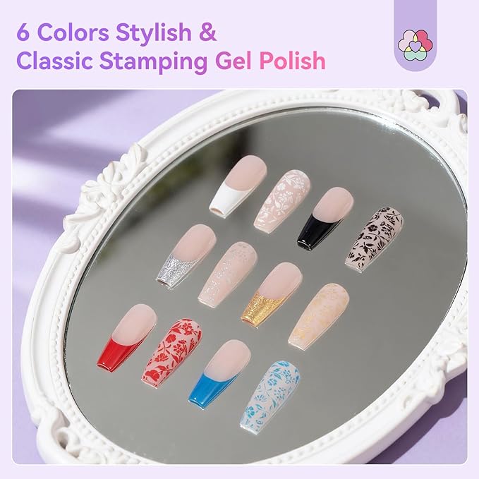 SAVILAND Nail Stamping Gel Polish Kit: 6 Colors Nail Stamping Polish Gel with French Tip Tool Silicone Stamp 8ML Stamper Polishs Gels Painting Gels Nails Kit for DIY Nails Art Design