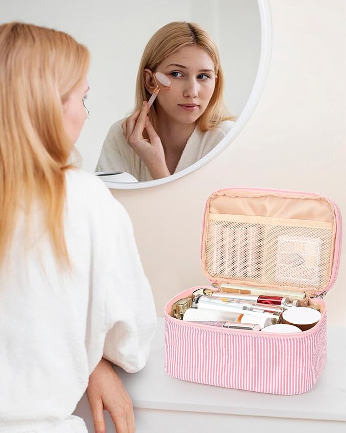 Relavel Large Makeup Bag, Portable Pink Cosmetic Bag for Girls, Dual-layer Makeup Pouch with Brush Holder, Multi-Functional Preppy Toiletry Organizer for Travel, Daily Use - Pink Strip
