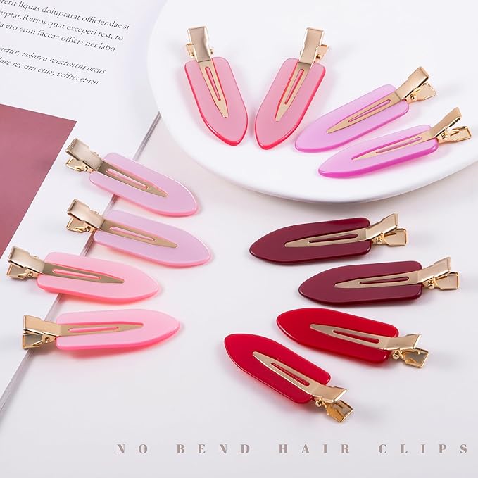 No Crease Creaseless No Bend Hair Clips For Styling Non Slip Flat Clips For Makeup Hair Accessories For Women,Multiple Pink Red,12 PCS