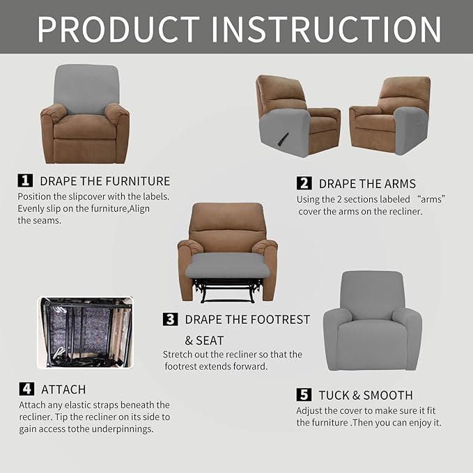 Easy-Going 4 Pieces Oversized Recliner Stretch Sofa Slipcover Sofa Cover Furniture Protector Couch Soft with Elastic Bottom,Polyester Spandex Jacquard Fabric Small Checks Light Gray