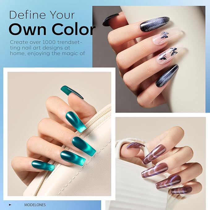 modelones Cat Eye Gel Nail Polish Set, 6 Colors 2026 Spring Summer Holographic 9D Glassy Cat Eye Glitter Gel Polish Set Black Blue Purple Green Nail Polish Kit W Magnet Soak Off LED Nail Art DIY Gift