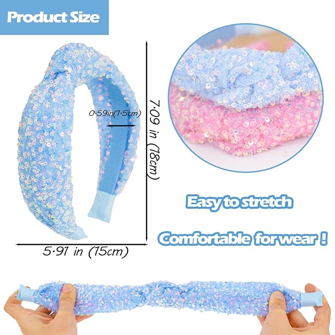 Knotted Headbands for Girls, Non Slip Girl Headband Wide Top Knot Head Bands Mommy and Me Fashion Hairband Womens Turban Hair Accessories(Glitter Blue & Glitter Pink,2Pcs)
