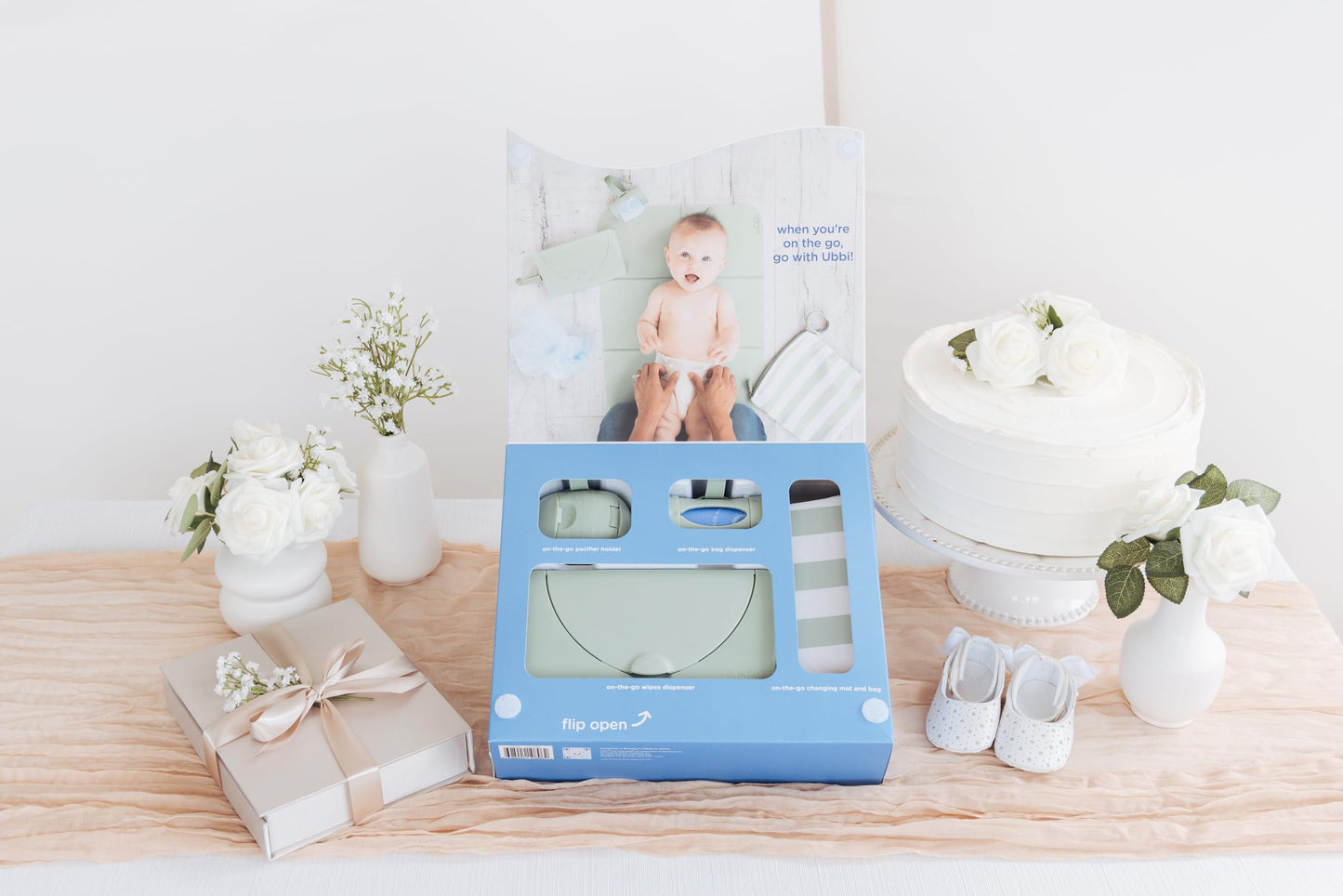 Ubbi On-the-Go Diapering Gift Set, Includes Changing Mat and Bag, Wipes Dispenser, Pacifier Holder and Bag Dispenser, Newborn Essentials, Sage