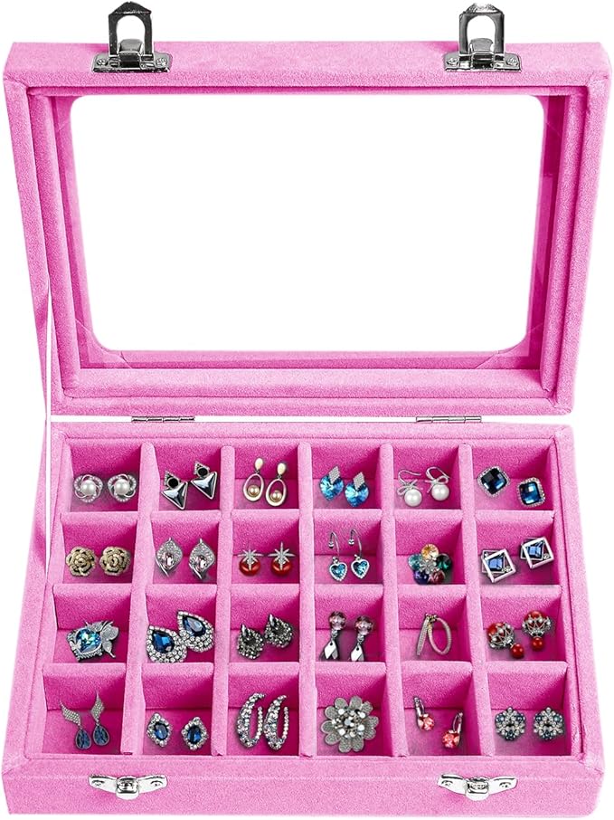 Velvet Jewelry Box 24 Grid Jewelry Earrings Display Organiser Box Ring Tray Holder Earrings Storage Case for Girls Wife Mom Women (Light Pink)