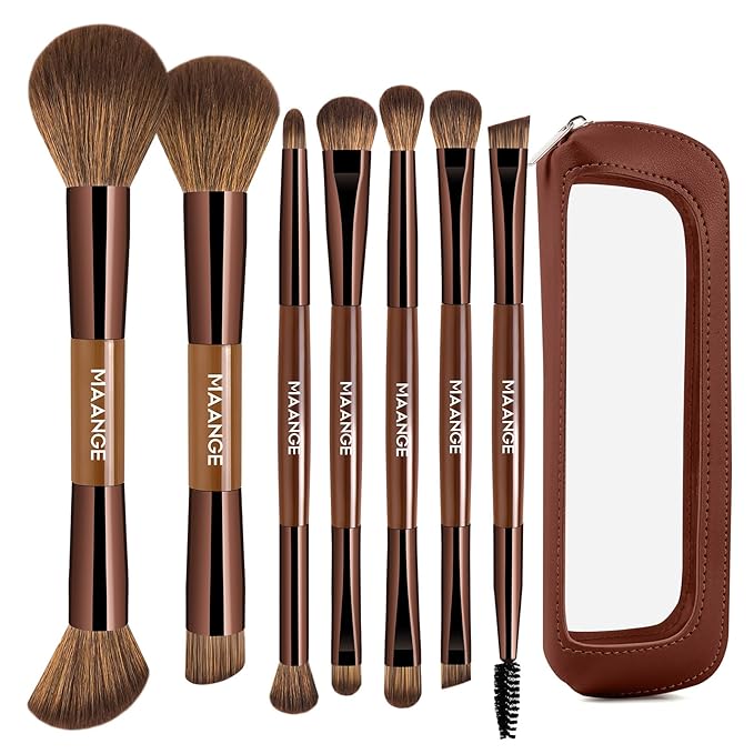 MAANGE 7 PCS Foundation Makeup Brush Set With Bag, Make up Brushes, Eyeshadow Concealer Brush, Double-ended Foundation Contour Powder Blush, Professional Face brush Set Tools For Liquid,Cream (Brown)
