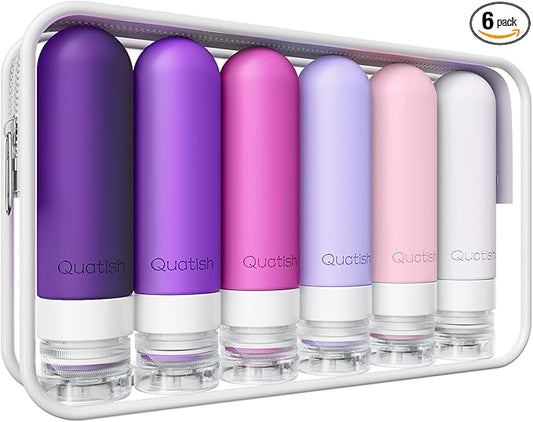 Quatish Travel Bottles for Toiletries 6 Pack, Original Patented Leakproof 3 oz Tsa Approved Travel Size Containers, BPA Free Silicone Shampoo and Conditioner Bottles, Cruise Camping Essentials, Purple