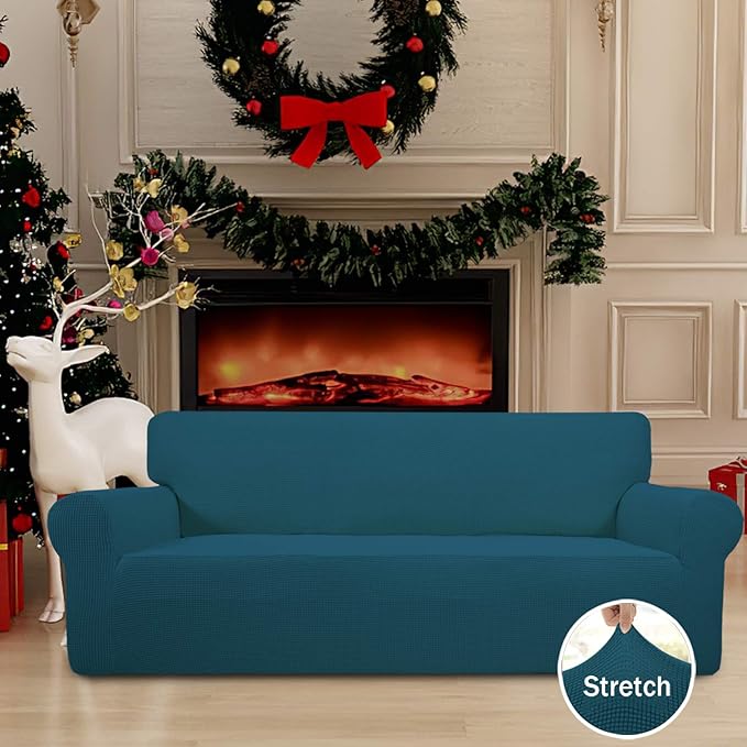 Easy-Going Stretch Sofa Slipcover 1-Piece Sofa Cover Furniture Protector Couch Soft with Elastic Bottom for Kids, Polyester Spandex Jacquard Fabric Small Checks (Sofa, Peacock Blue)