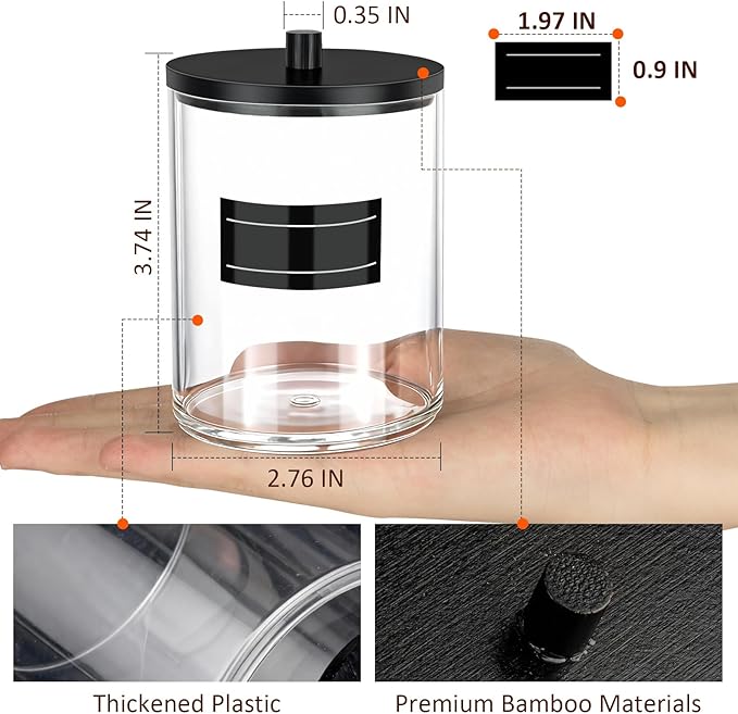 4 Pack 10 oz Acrylic Qtip Holder with Labels Dispenser- Bathroom Small Clear Plastic Canister Apothecary Jar Set Essentials Accessories Decor, Vanity Storage Organizer