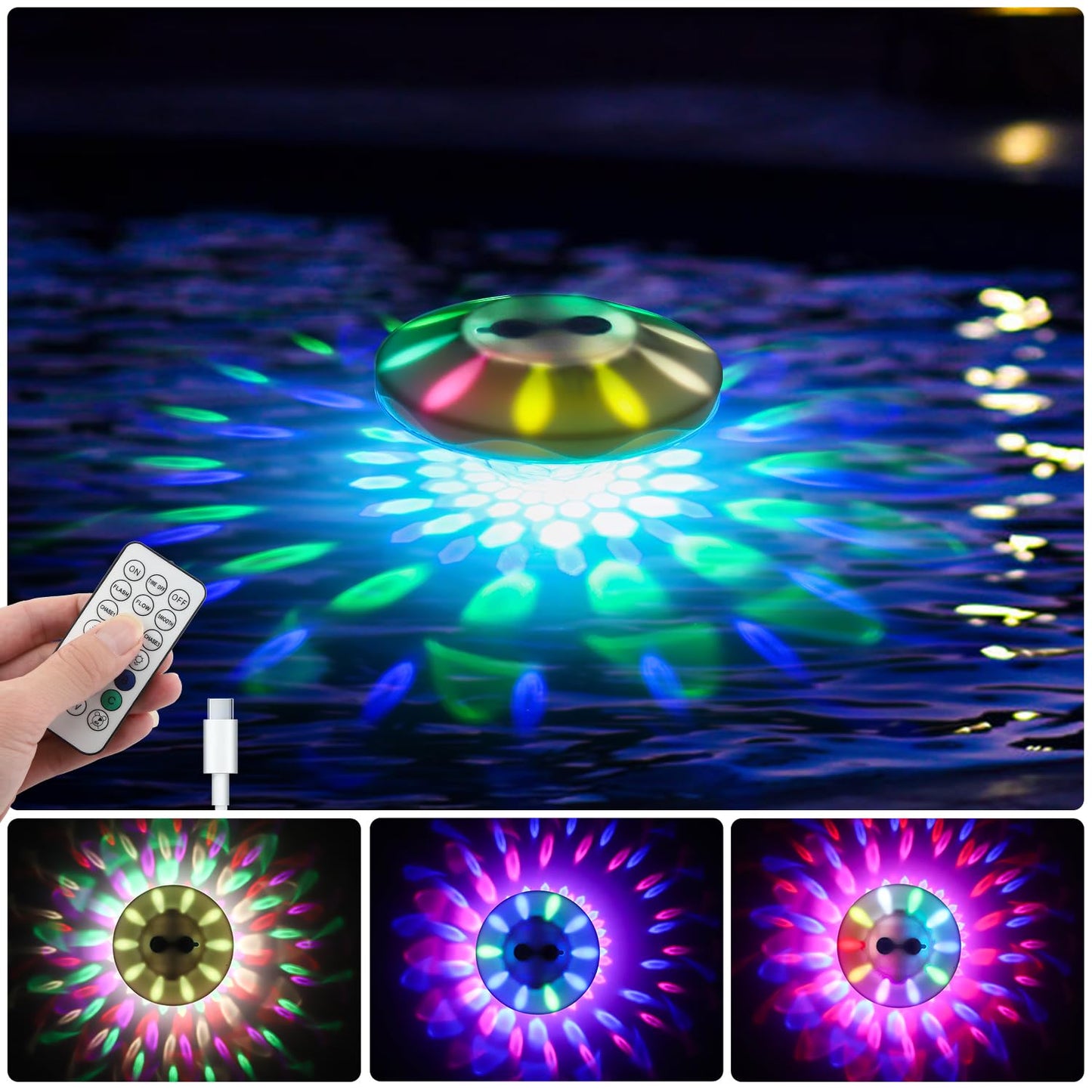 QOLNBY Floating Pool Lights(1 Pack), Rechargeable Pool Lights with 6 Dynamic Lighting Effects, Upper and Lower Color Changing Floating Light, IP68 Waterproof Lights for Pools, Hot Tubs, Fountain