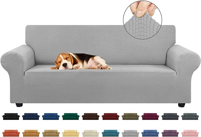 KEKUOU Stretch Sofa Cover Slipcover ，Couch Covers for 3 Cushion Couch Sofa pet Friendly (78"-94") Furniture Protector Sofa with Elastic Bottom for Kids,Dog, Jacquard Small Checked(Large,Silver)