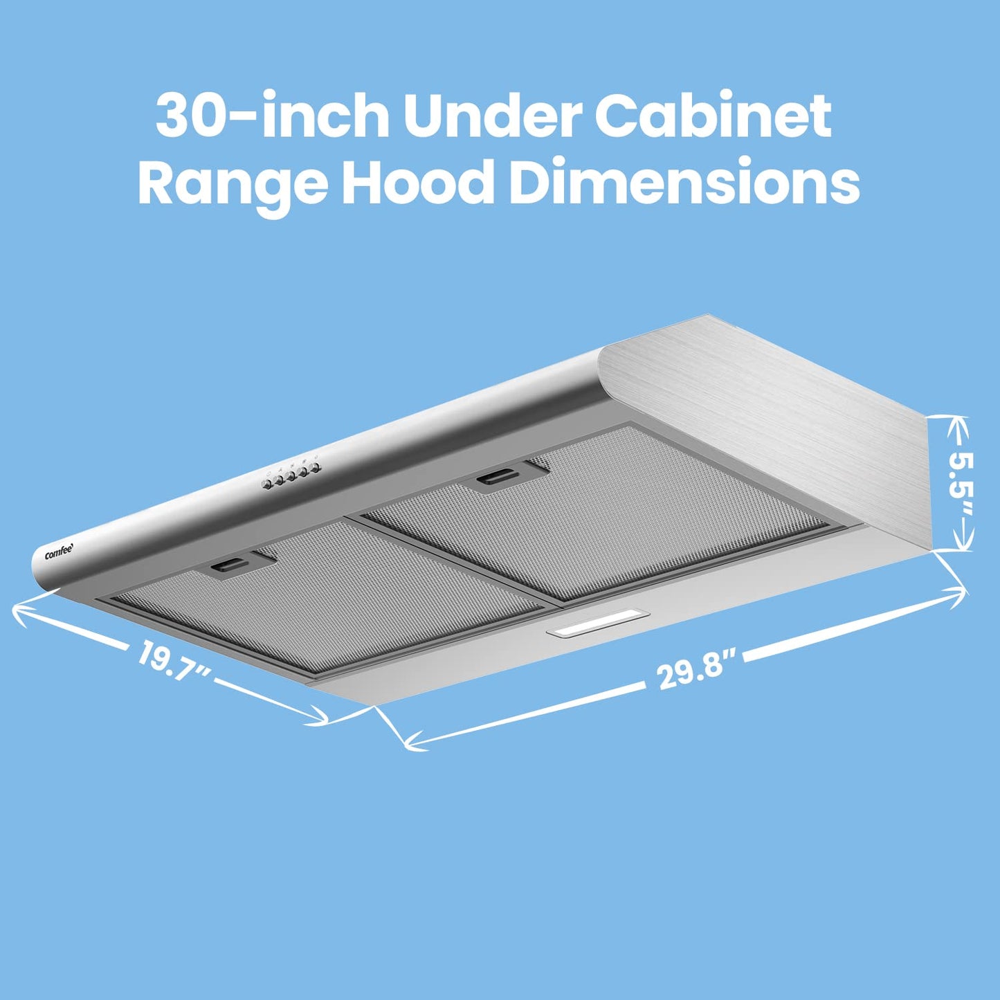 COMFEE' CVU30W4AST 30 inch Under Cabinet Ducted/Ductless Convertible Slim Vent Durable Stainless Steel Kitchen Reusable Filter, 3 Speed Exhaust Fan and 1 LED Lights Range Hood, 2.0 Version