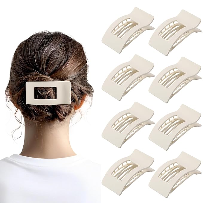 8 Pack French Flat Hair Clips for Women – Large Matte No-Slip Claw Barrettes for Thick & Thin Hair, Strong Hold Styling Accessories (White)