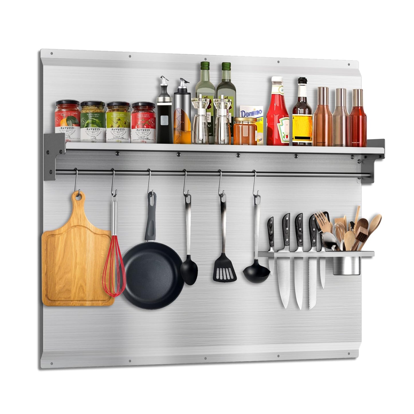 VENFAN 30x24 Inch Stainless Steel Stove Backsplash with Shelf, 6 Hooks & Knife Stand - Rust-Proof Kitchen Wall Protector Stainless Steel - Easy No-Drill Installation