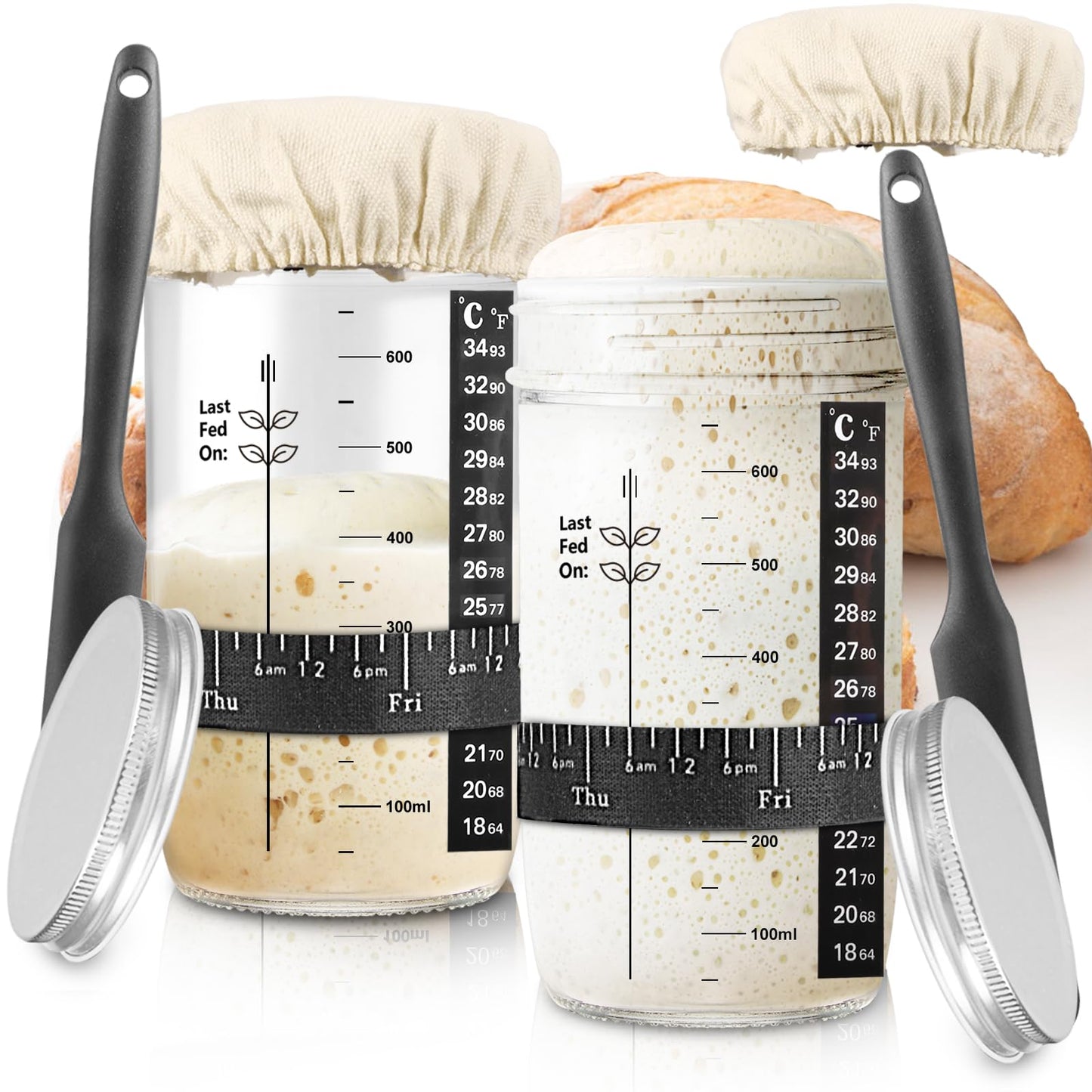 Zunmial Sourdough Starter kit, 34OZ Sourdough Starter Jar with Date Marked Feeding Band, ThermometerCloth Cover & Metal Lid, Reusable Sourdough Bread Baking Supplies, Home Baking Gifts