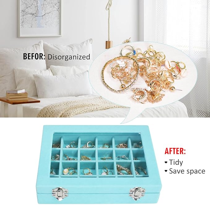 Velvet Jewelry Box 24 Grid Jewelry Ring Display Organiser Box Tray Holder Earrings Storage Case for Girls Wife Mom Women (Light Blue)