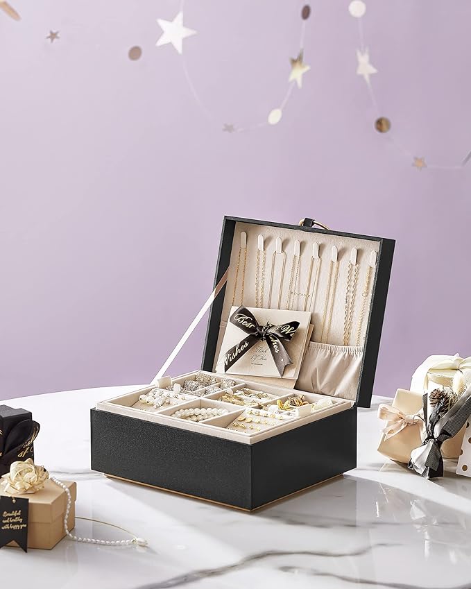 SONGMICS 2-Layer Jewelry Box, Jewelry Organizer with Handle, Removable Jewelry Tray, Jewelry Storage, Floating Effect, 8.1 x 9.4 x 4.3 Inches, Gift Idea, Black UJBC165B01