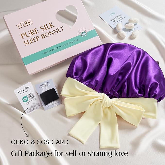 YFONG 100% 22 Momme Mulberry Silk Bonnet for Sleeping Women, Larger Double Layer Silk Hair Wrap for Curly Short Long Hair, Non-Slip Sleep Cap Turban with Elastic Tie Band (Purple & Yellow)