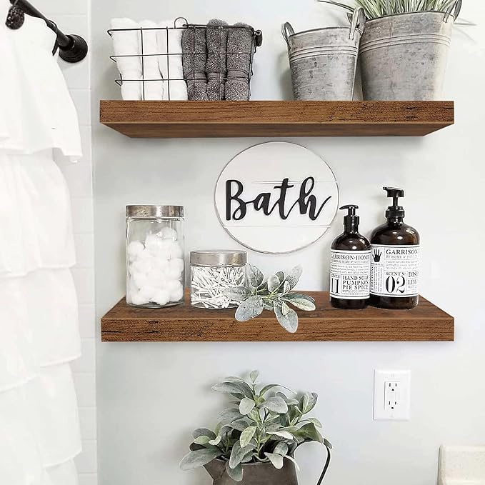 QEEIG Floating Shelves for Wall 23.6" Long - Wall Mounted Shelf Bathroom Kitchen Living Room Bedroom Farmhouse Home Decor Display Bookshelf Set of 2, Rustic Brown (008-60BN)
