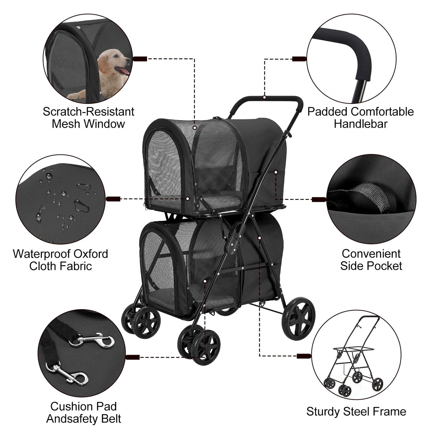 LPOTIUS Double Pet Stroller for Dogs and Cats with 2 Detachable Carrier, Quick-Folding Dog Stroller for Medium Small Dogs Cats, 4 Wheels, Black