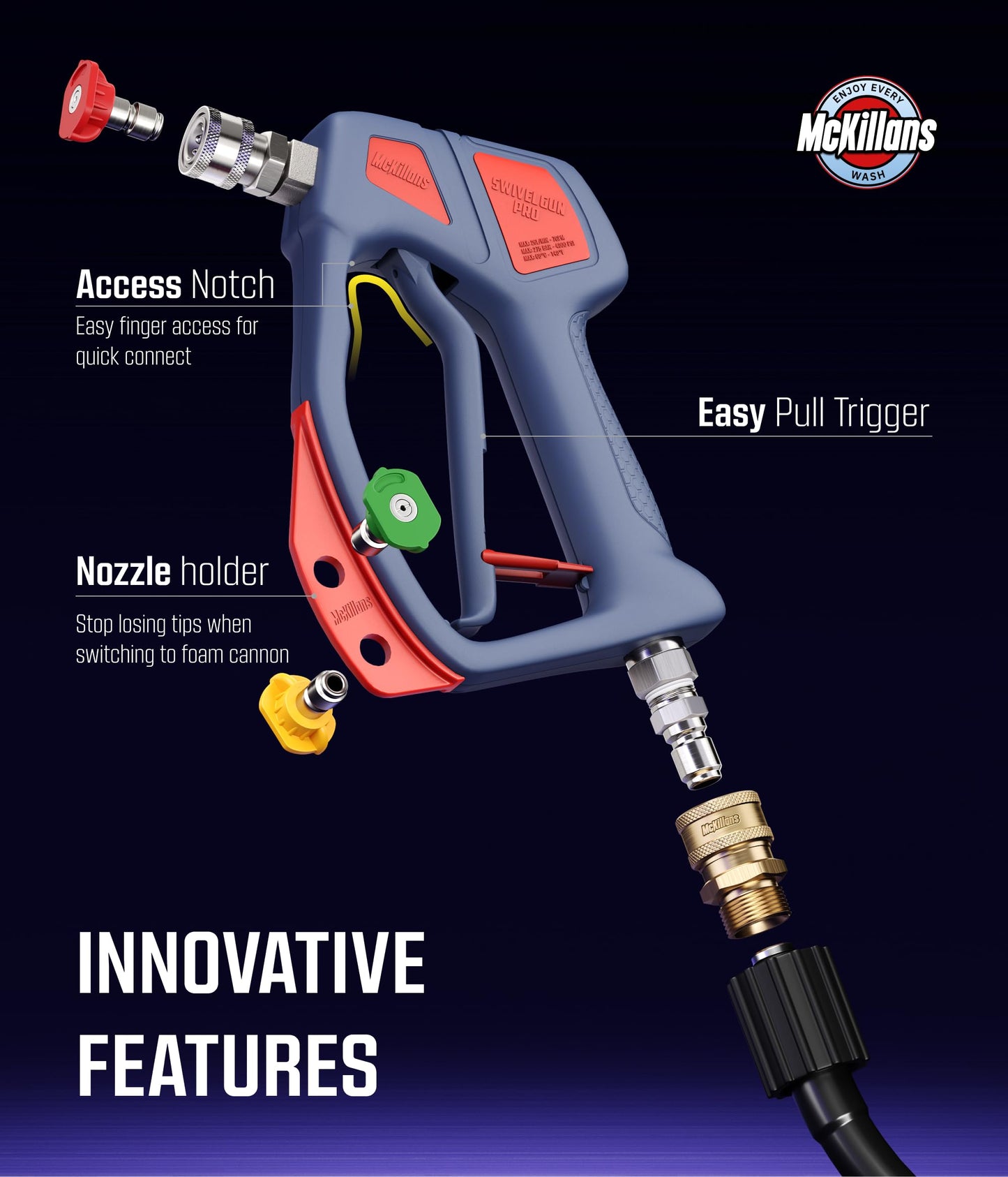 McKillans® Swivel Gun Pro - Swivel High Pressure Water Handle with 3/8" Male Plug and 1/4” Quick Connector Coupler - Power Washer Gun Compatible with Foam Cannon - Nozzle Tips Holder