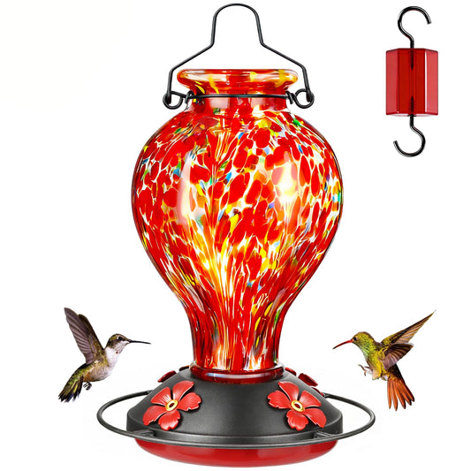 Tegarbed Hand Blown Glass Hummingbird Feeders for Outdoors Hanging, 24oz Wild Bird Nectar Feeder with Ant Moat and Perch, Bee-Resistant Ports, Garden Decor, Gifts for Women Mom, 1 Pack, Red Polka Dots