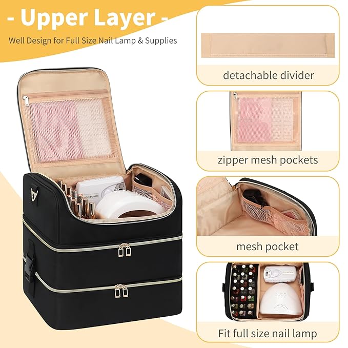 CUBETASTIC Portable Nail Polish Organizer Case Holds 117 Bottles - 3-Layer Nail Tech Kit with Storage Bag & Shoulder Strap, Extra Large Nail Supplies Travel Carrying Box
