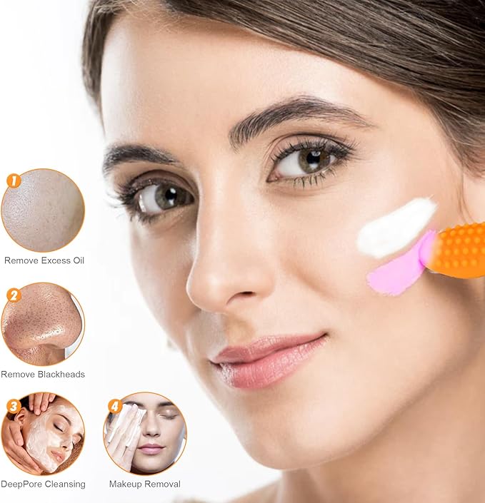 Pore Cleansing Silicone Facial Brush | Face Scrubber & Massager for Blackhead & Whitehead Removal, Sebum Reduction, Gentle Exfoliation & Clearer Skin | Suitable for All Skin Types,Orange,2pc