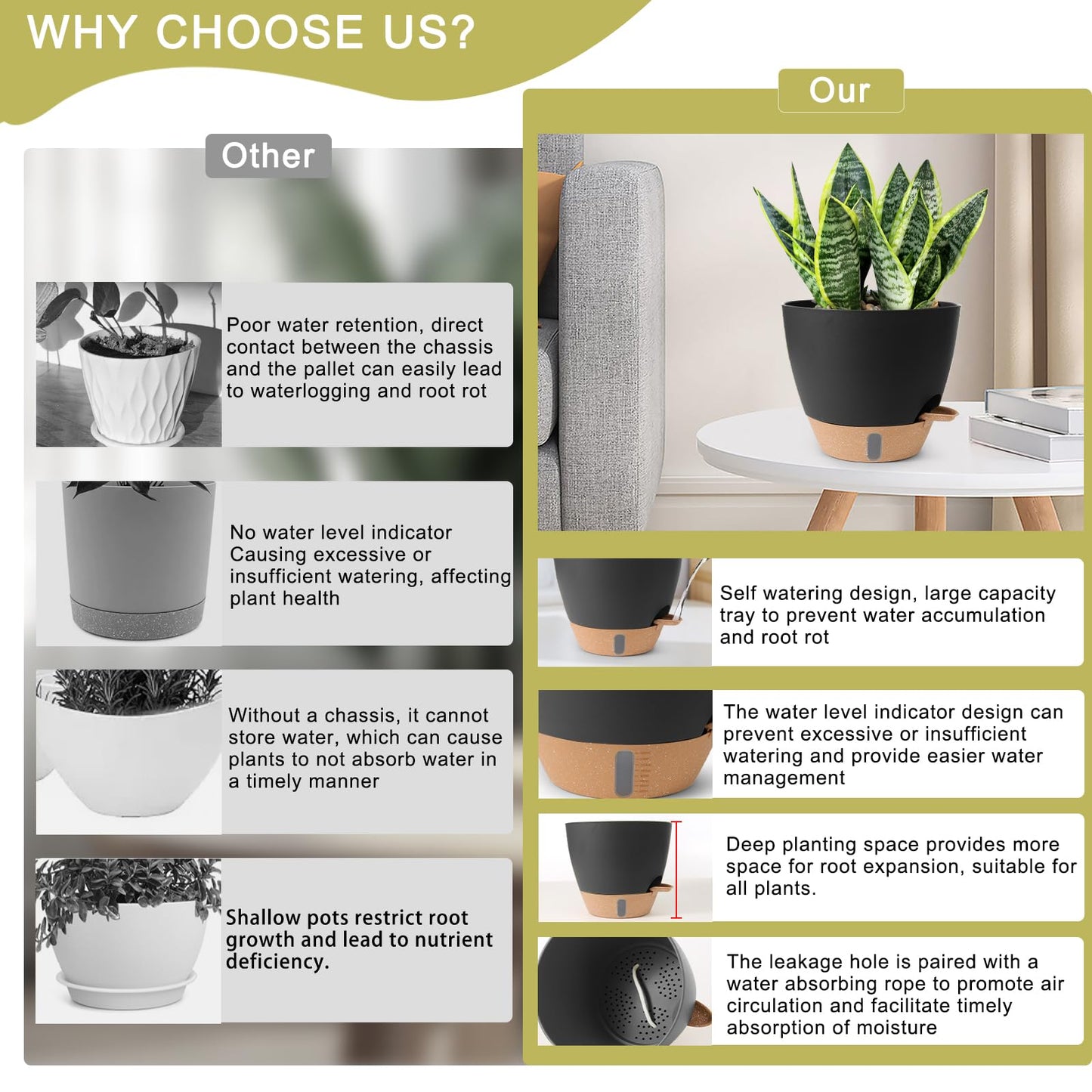 WEICHENGXING Plant Pots,12/10/9/8/ Inch Large Plastic Self Watering Flower Pots Indoor Outdoor with Drainage Holes, Deep Reservoir,Nursery Planting Pot for Indoor Out Door Plants Black