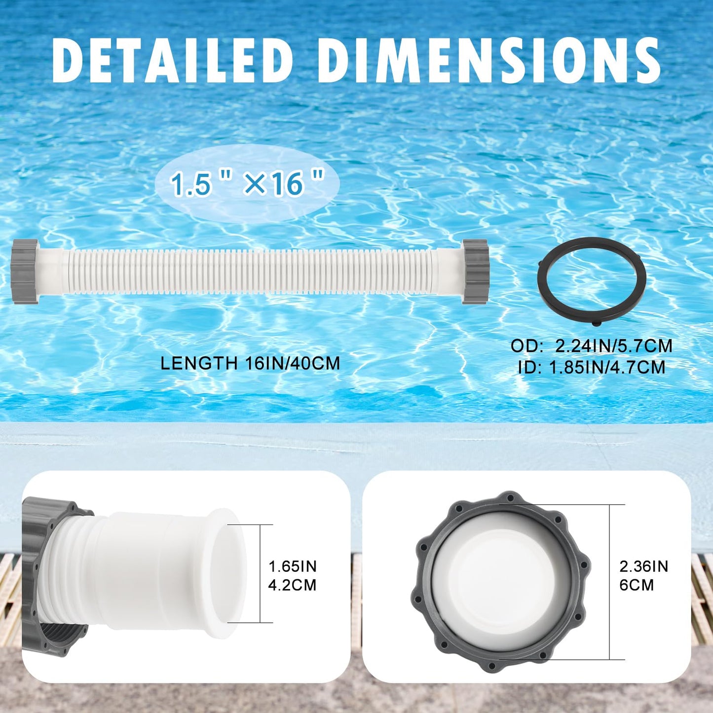 HOMNUTS Pool Hoses for Above Ground 1.5’’ Diameter 16" Long Accessory Swimming Pool Replacement Hose, 2 Pack Filter Pump Hose Compatible with Pump Models