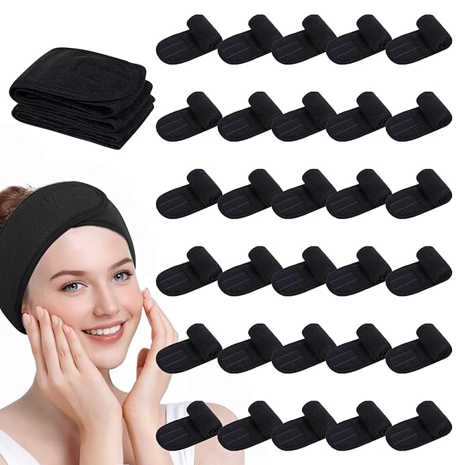 30 Pack Adjustable Spa Headband for Women Non-Slip Facial Hair Wrap for Washing Face, Makeup, Shower, Skincare, and Yoga (Black, 30)