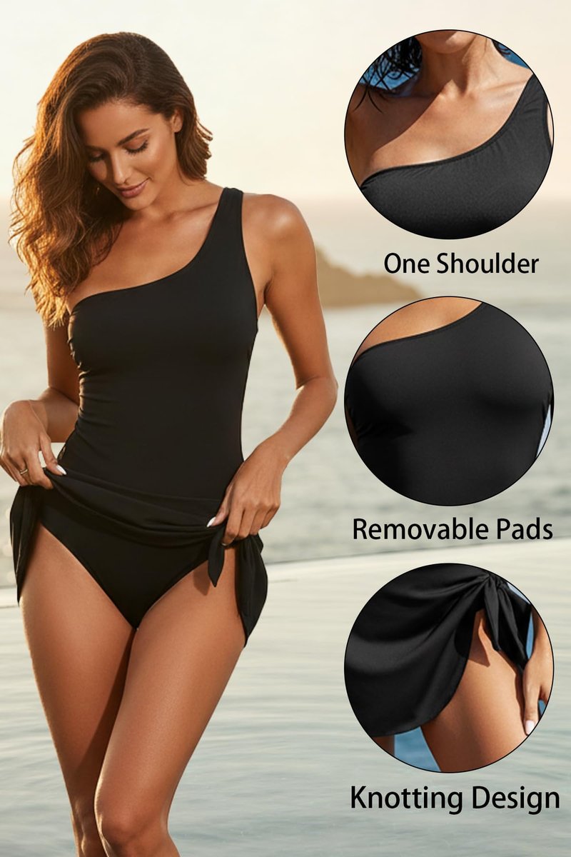 Tempt Me Women Black One Piece Swim Dress One Shoulder Swimsuit with Skirt Tummy Control Swimdress Bathing Suit XL