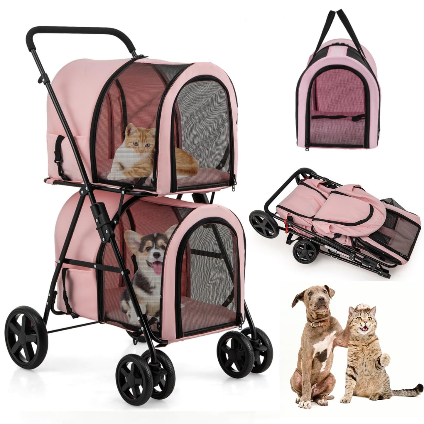 HAPPAWS Dog Stroller with 2 Detachable Carrier, Pet Stroller for Small Medium Dogs Cats, Jogger/Travel/Camping, 4-in-1 Doggy Pet Carrier, Carrier Strolling Cart with Lockable Wheels (Light Pink)