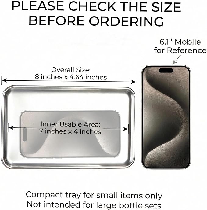 IMEEA Small Stainless Steel Tray, SUS304 Stainless Steel Vanity Tray for Jewelry, Perfume, Keys, Compact Bathroom Countertop Organizer, 8 x 4.64 Inch