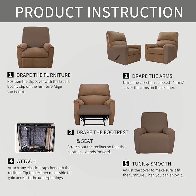 Easy-Going 4 Pieces Oversized Recliner Stretch Sofa Slipcover Sofa Cover Furniture Protector Couch Soft with Elastic Bottom Polyester Spandex Jacquard Fabric Small Checks Brown, X-Large