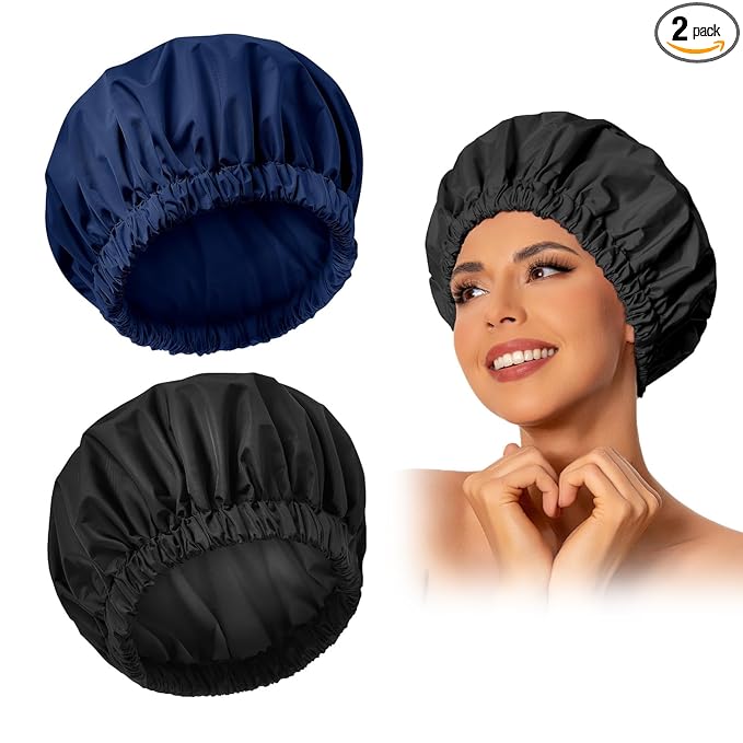Reusable Shower Cap for Women, Large Waterproof Shower Bonnet with Elastic Band, Washable Bath Hair Cap for Long, Curly Hair, Braids, Daily Shower, Home Spa, Travel(Black&Navy)