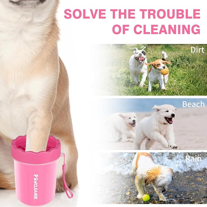 Professional 7 in 1 Dog Paw Cleaner for Dogs & Cats - Includes 1 Portable Paw Washer, 1 Bath Brush, 2 Dog Toothbrushes and 3 Absorbent Towels Note: Fits Paws up to 2 Inches Wide (Small, Pink)