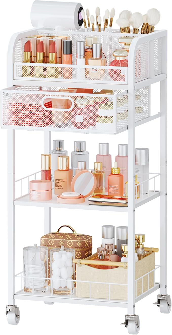 HapiRm Makeup Organizer Storage Cart - 4 Tier Skincare Make Up Storage with Drawer, Rolling Makeup Cart Vanity Organizer Cosmetics Display Cases Holder for Skin Care Perfume Nail Polish Brush