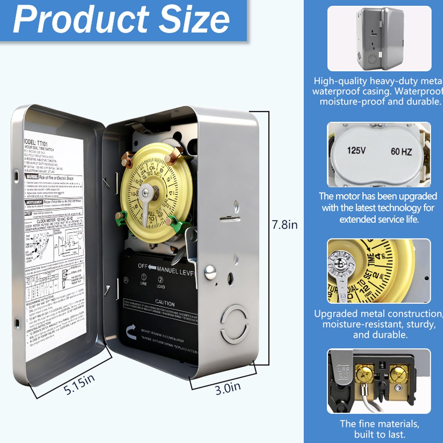 T101 Mechanical Timer Switch, T101 Pool Timer, 120V 2HP SPST 40A Time Switch, 24 Hour 12 ON/Off for Pool Pump, Heavy-Duty Mechanical Time Switches, for Lights Pumps HVAC Systems, 5 Years Warranty
