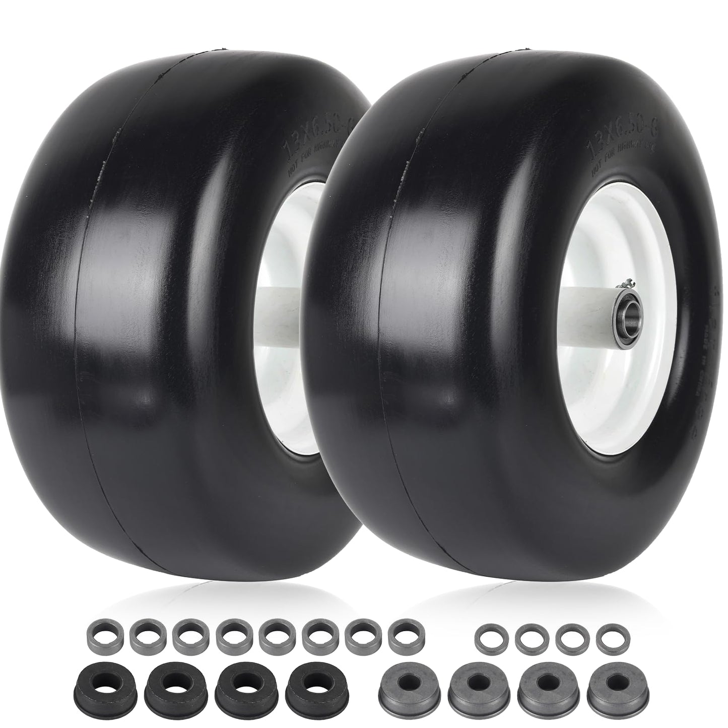 AR-PRO (2-Pack) 13x6.50-6 Flat Free Tire and Wheel - Universal 13x6.5-6 Solid Rubbe Riding Lawn Mower Tire with Rim - With 5.5"-7.8” Centered Hub and 3/4" Bearings extra 5/8" 1/2” Bushings