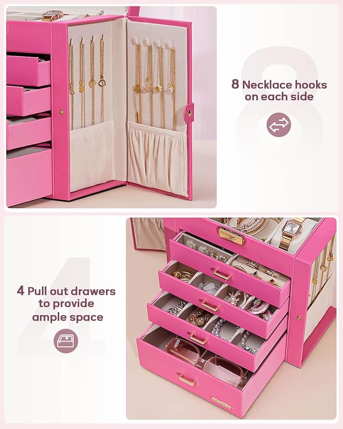 Homde Synthetic Leather Huge Jewelry Box Mirrored Watch Organizer Necklace Ring Earring Storage Lockable Gift Case (Pink + Gold)