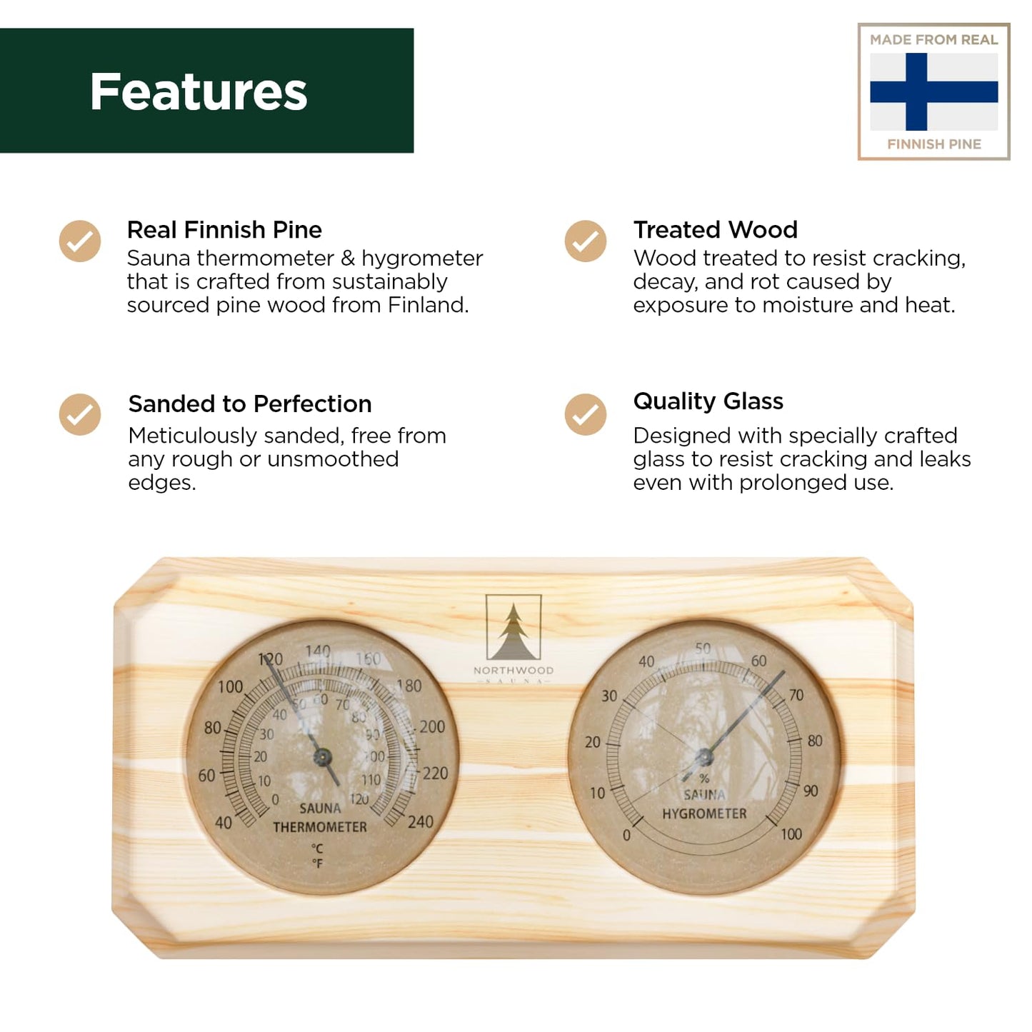 Northwood Sauna - Sauna Thermometer and Hygrometer 2 in 1 - Fahrenheit & Celsius - Handmade from Finnish Pine Wood - Luxurious Golden Metal Dials