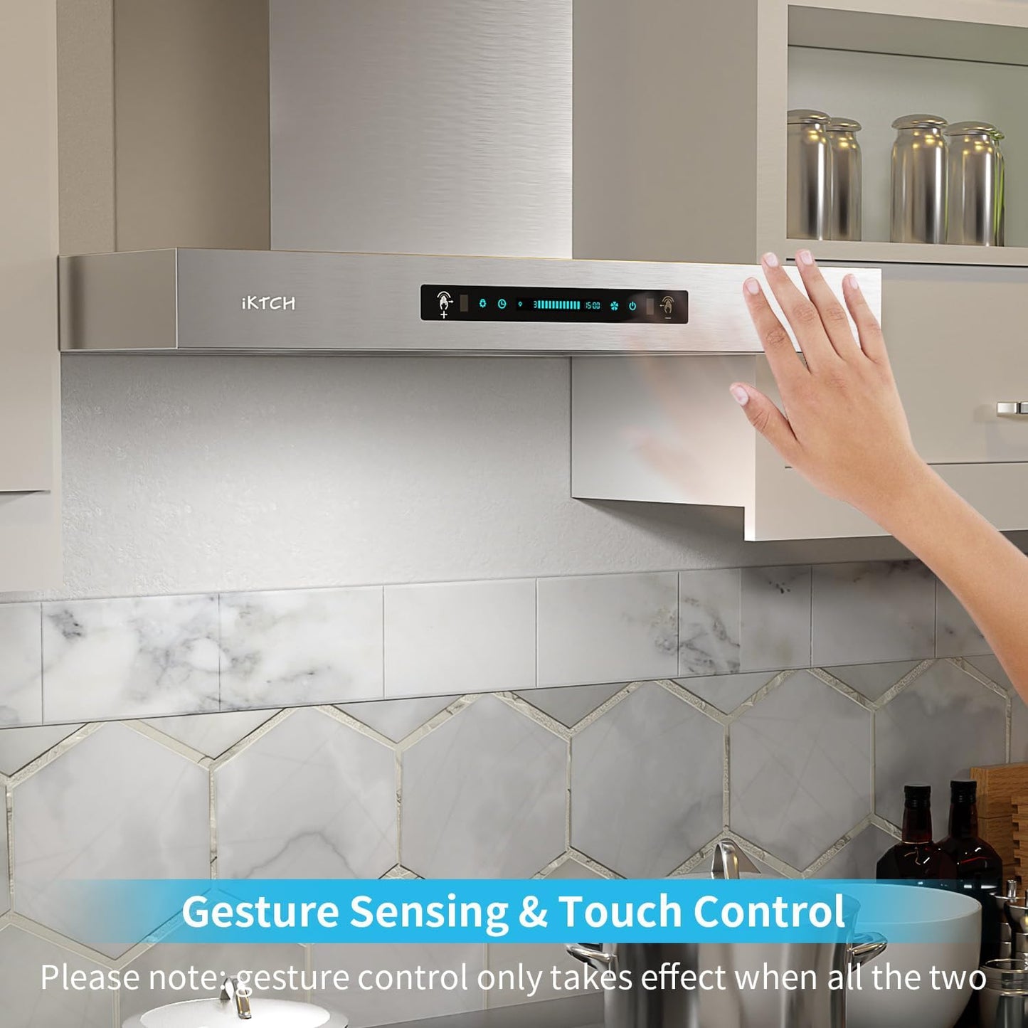 IKTCH 36 Inch Wall Mount Range Hood with 1200 CFM, 4-Speed Fan, Ducted Range Hood, Gesture Sensing & Touch Control, Durable Stainless Steel IKP01-36