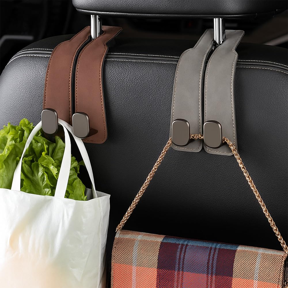 Fauppt Headrest Hooks for Car Car Seat Hooks for Headrest,2026 Hooks for Purses and Bags Cute Car Purse Holder,Twinhook Leather Car Headrest Hangers Seat Back Organizers for Travel (Black*4)