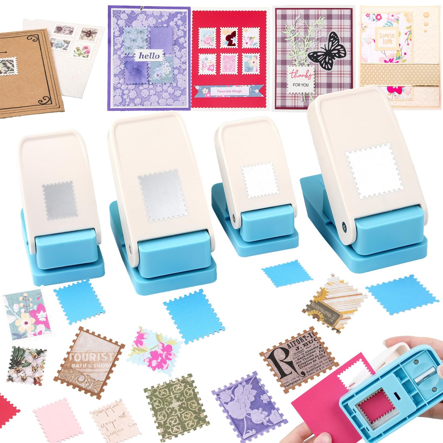 BAOFALI 4Pcs /Set Stamp Puncher Stamp Punch 1x0.8 &1.5 &1 &1.25x1.5inch Postage Stamp Punch |Stamp Hole Puncher| Action Paper Punches for Crafting Scrapbooking DIY Scrapbooking Journaling Card Making