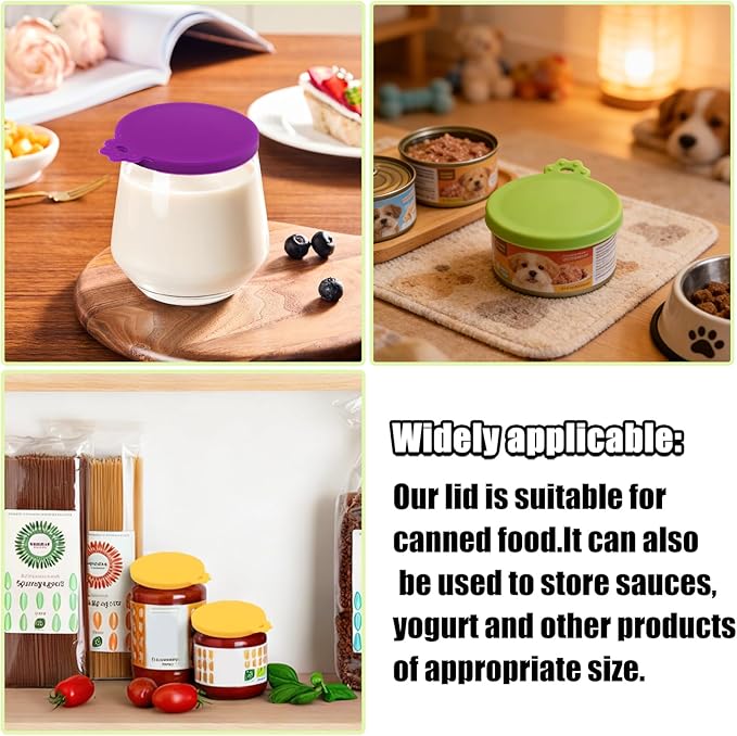 PINE & LINEN 4 Pcs 2.5inch Durable Pet Can Lids,Silicone Small Pet Can Covers Waterproof Cat Food Cans Lids for 3 oz Cat Food Cans(Purple+Pink+Green+Yellow)