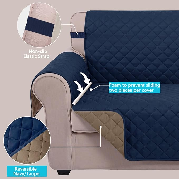 U-NICE HOME Recliner Chair Covers Reversible Chair Cover Pet Covers for Dogs with Elastic Straps Water Resistant Diamond Quilted (28''Recliner Oversized, Navy/Taupe)