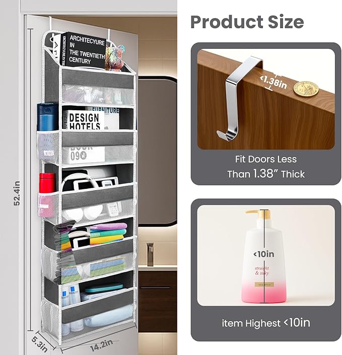 Ease of Assembly Over The Door Organizer,6 Tiers Anti Tilt Hanging Behind Door Storage, Heavy-Duty Reinforced Mesh Rack Holds 44lb for Bathroom,Pantry, Nursery,Closet, Shoes, Towels,Dark Grey